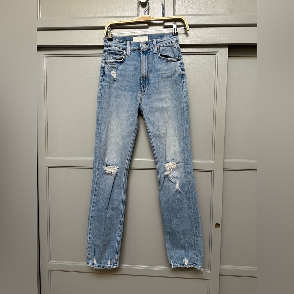 MOTHER Light Blue Distressed Straight Leg Jeans